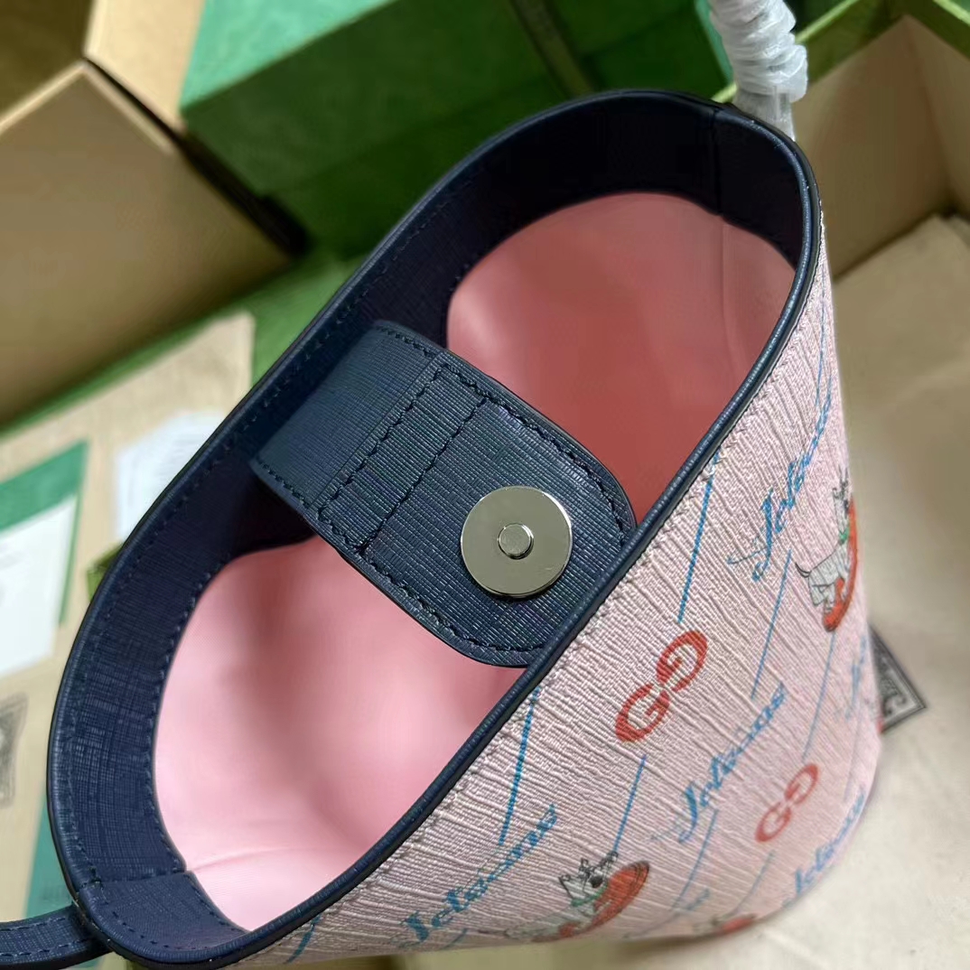Gucci Unisex Printed Bucket Bag GG The Jetsons Print Pink Blue Supreme Canvas