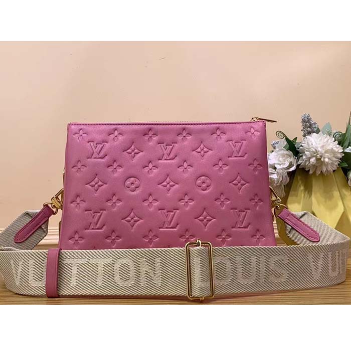 Louis Vuitton LV Women Coussin PM Handbag Rose Bonbon Pink Lambskin Zip Closure
