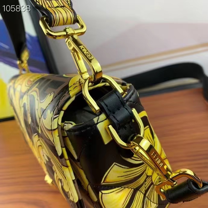 Fendi Women FF Baguette Fendace Quilted Black Silk Bag