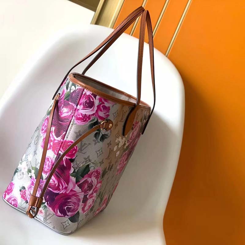 Louis Vuitton LV Women Neverfull MM Tote Bag Silver Coated Canvas Cowhide Leather