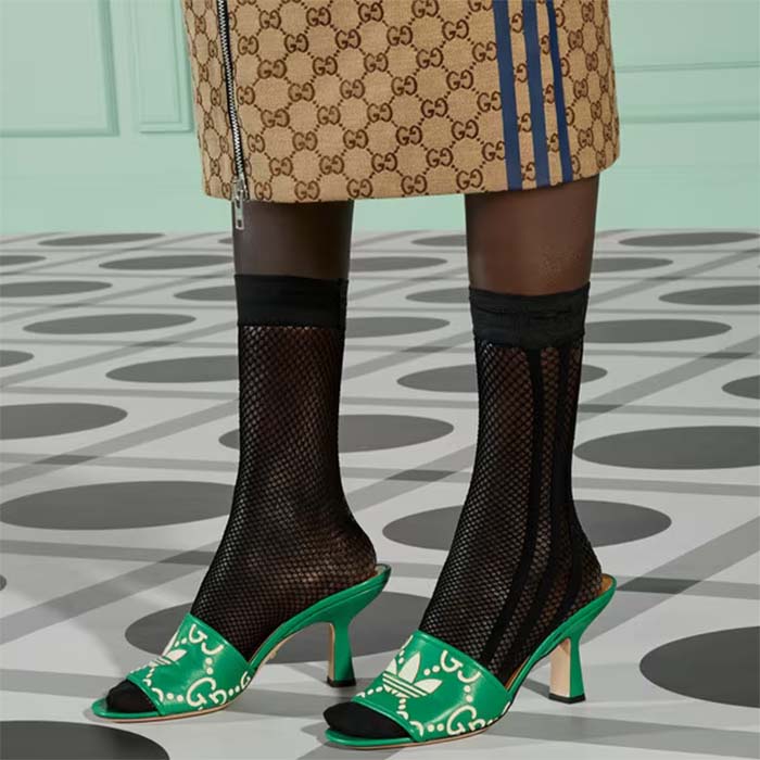 Gucci Women Adidas x Gucci Slide Sandal GG Trefoil Suede Green Leather
