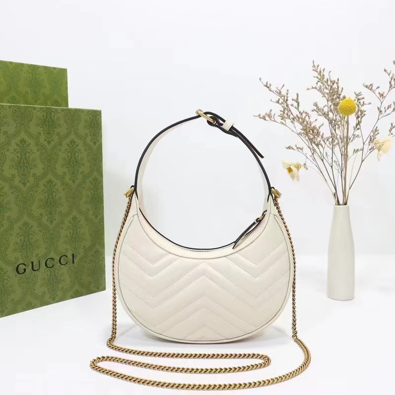 Gucci Women GG Marmont Half-Moon-Shaped Mini Bag White Matelassé Chevron