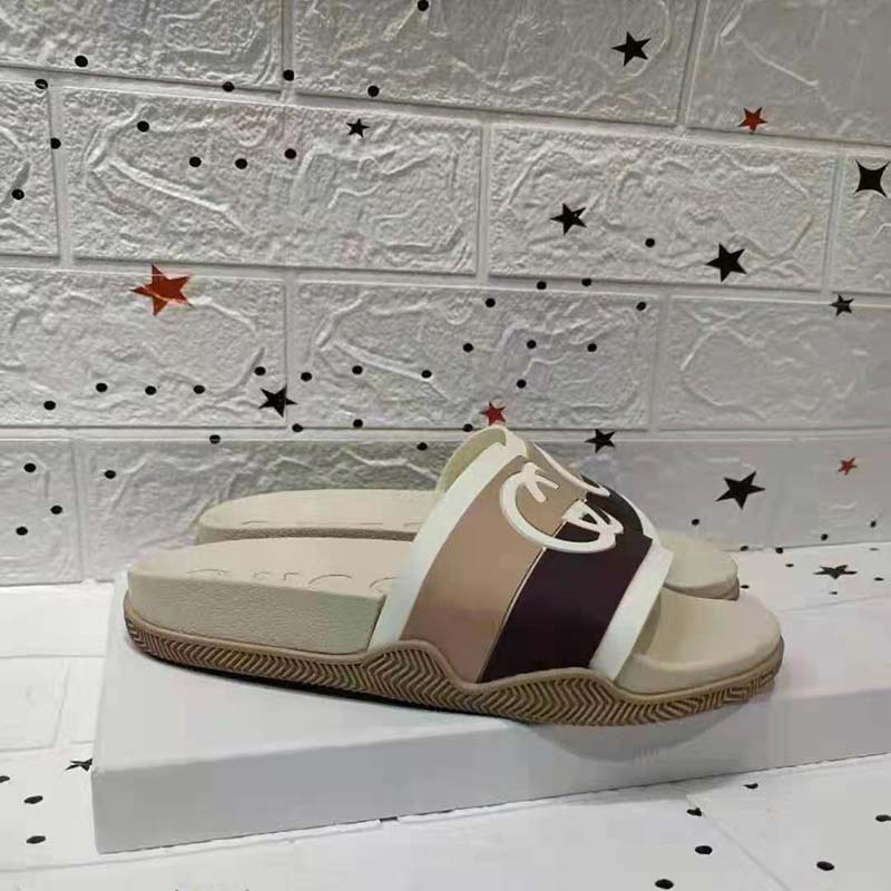 Gucci GG Unisex Interlocking G Slide Sandal Beige Ebony Interlocking G Striped Rubber
