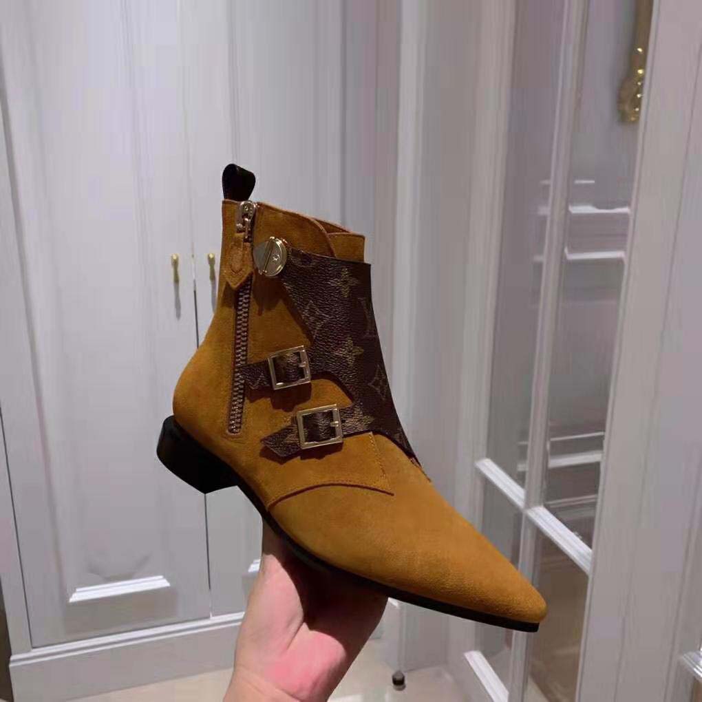 Louis Vuitton LV Women Jumble Flat Ankle Boot in Suede Calf Leather and Patent Monogram Canvas-Brown