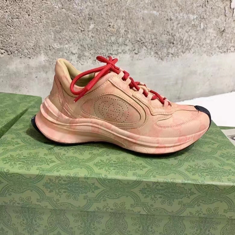 Gucci Unisex GG Run Sneaker Beige Hibiscus Red Leather GG Water Transfer Print