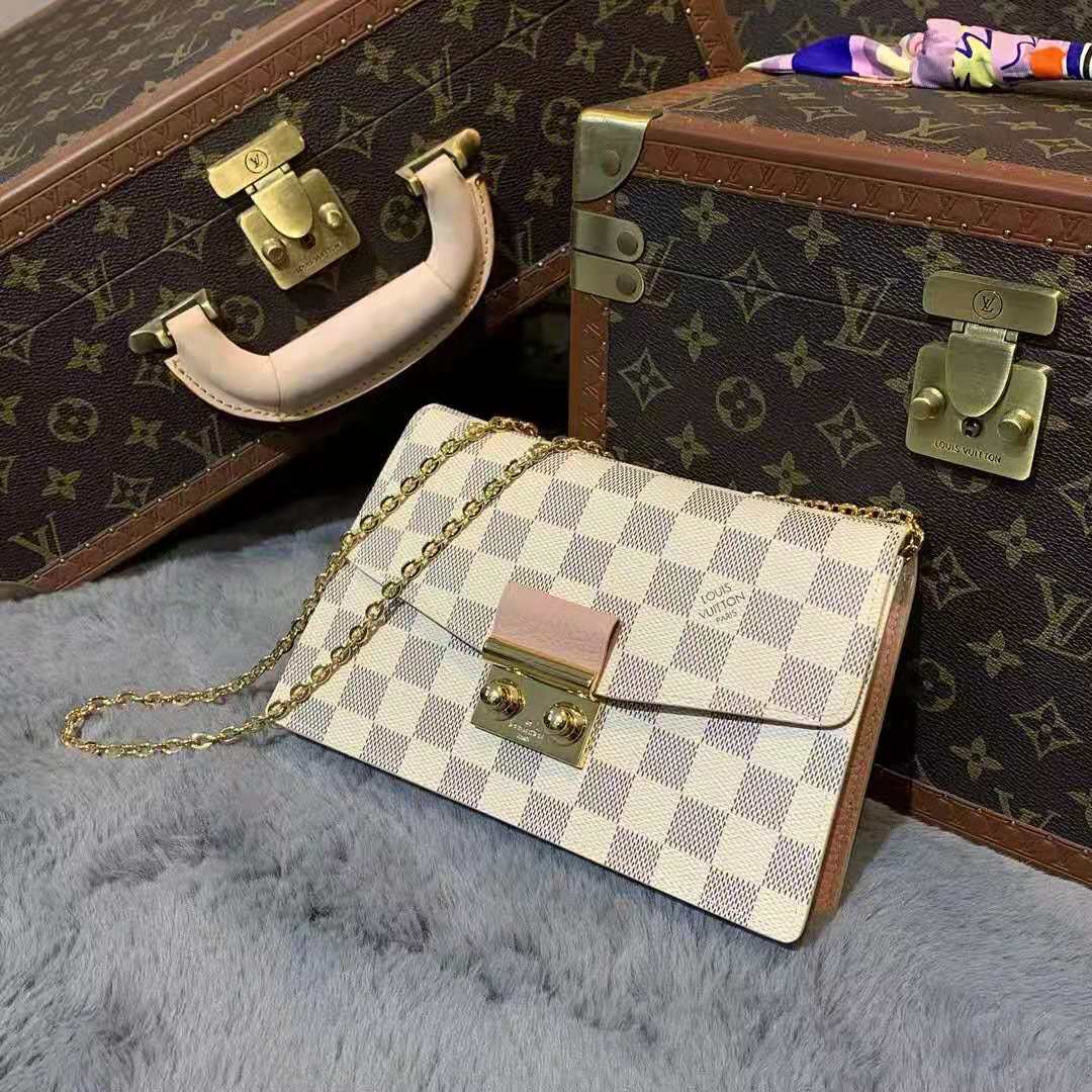 Louis Vuitton LV Unisex Croisette Chain Wallet Rose Ballerine Pink Damier Azur Coated Canvas