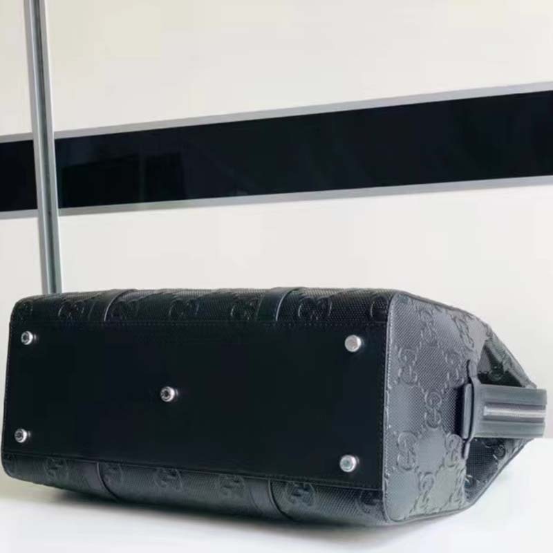 Gucci Unisex GG Embossed Tote Bag Black Leather Cotton Linen Lining