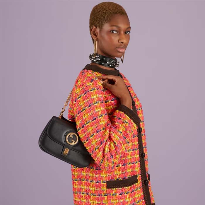 Gucci Women GG Blondie Top-Handle Bag Black Leather Round Interlocking G