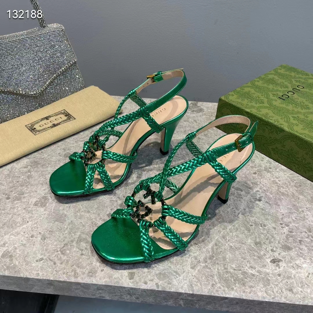 Gucci Women GG Cystal Interlocking G Sandal Green Metallic Braided High 9 CM Heel