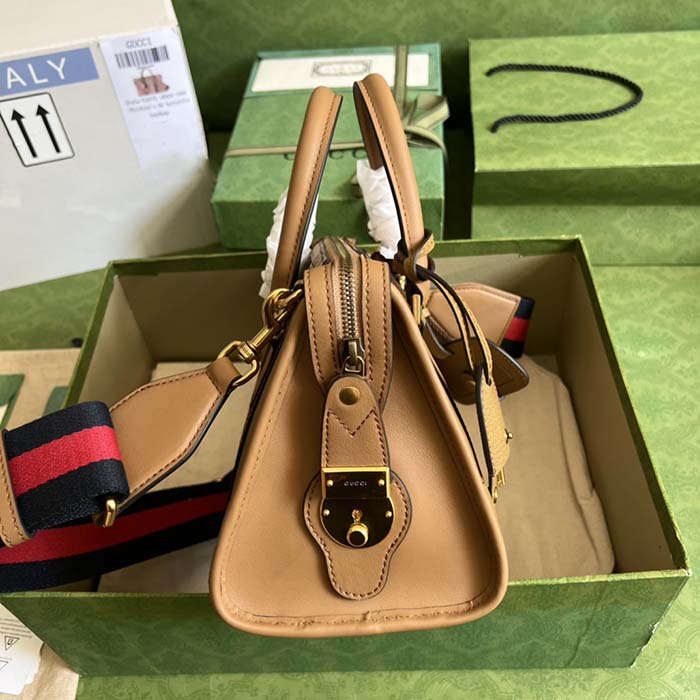 Gucci Unisex Small Canvas Top Handle Bag Double G Light Brown Smooth Leather