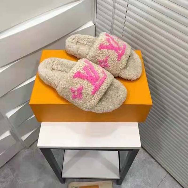 Louis Vuitton LV Women Paseo Flat Comfort Mule Beige Shearling LV Initials Monogram Flowers