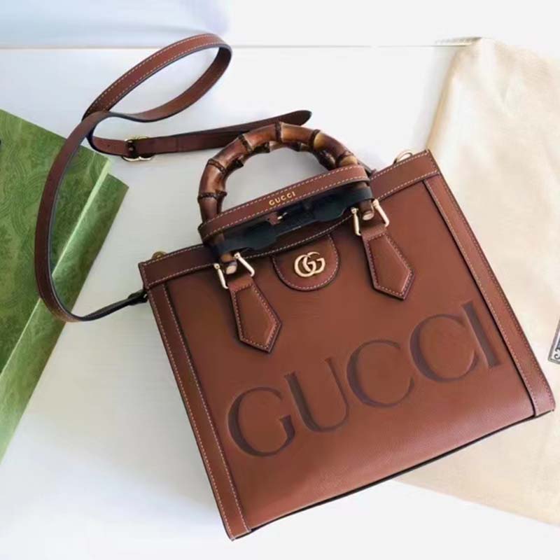Gucci Women GG Diana Small Tote Bag Double G Brown Leather