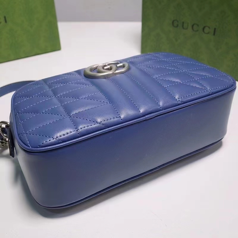 Gucci Unisex GG Marmont Matelassé Shoulder Bag Blue Matelassé Leather Double G