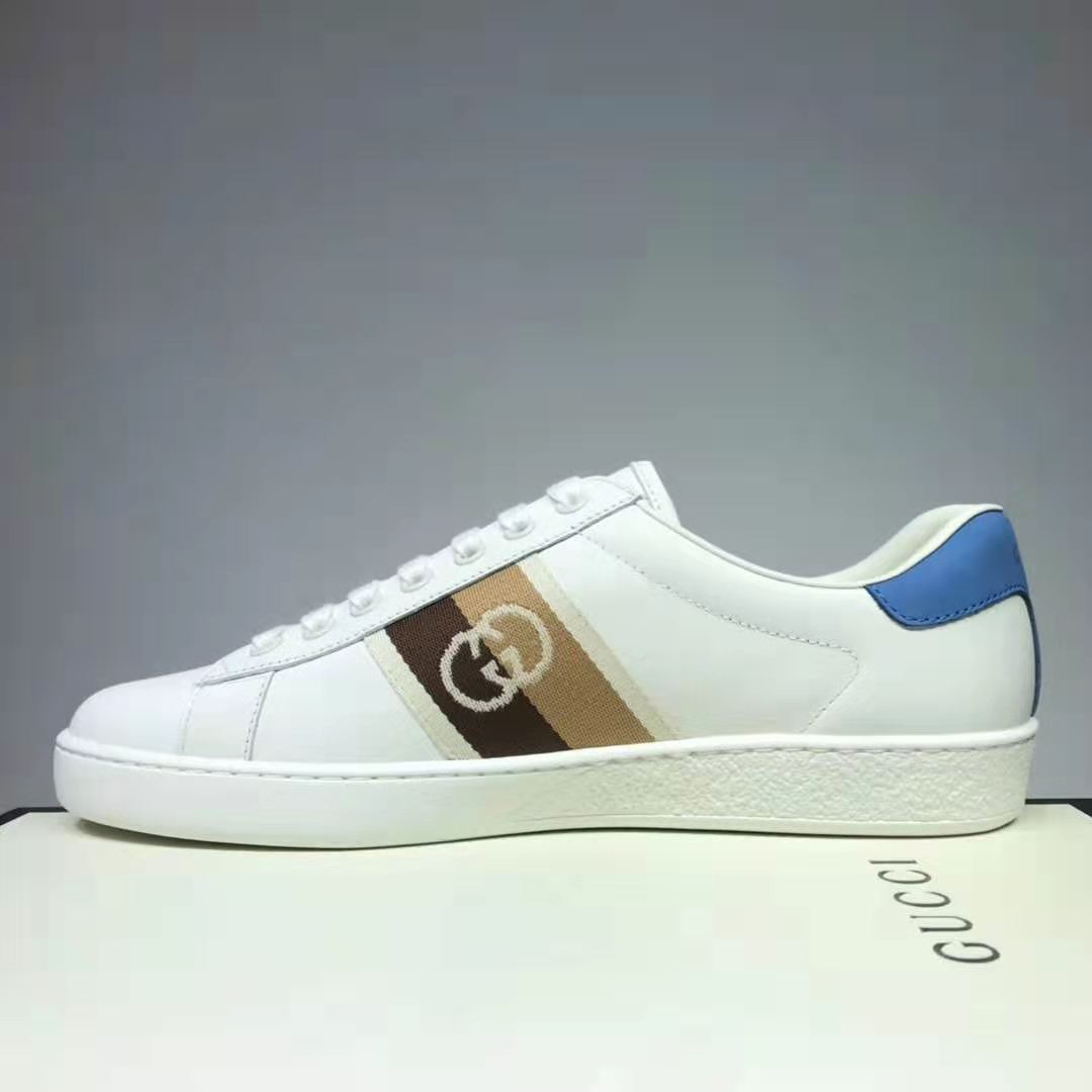 Gucci GG Unisex Ace Sneaker with Interlocking G White Leather Light Blue