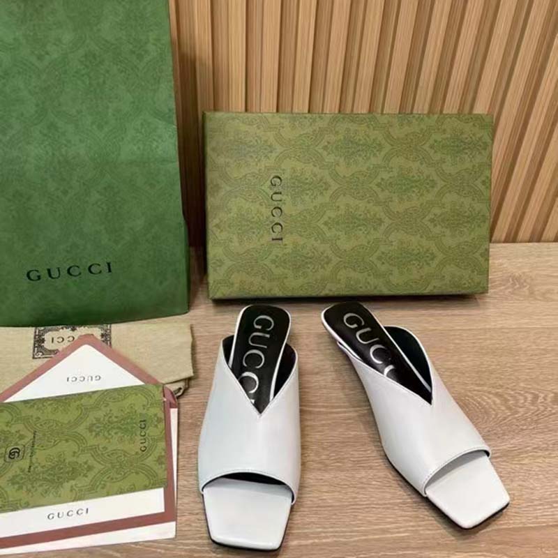 Gucci Women GG Low Heel Sandal White Leather Square Toe