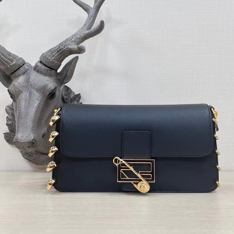 Fendi Women FF Baguette Brooch Fendace Black Leather Bag