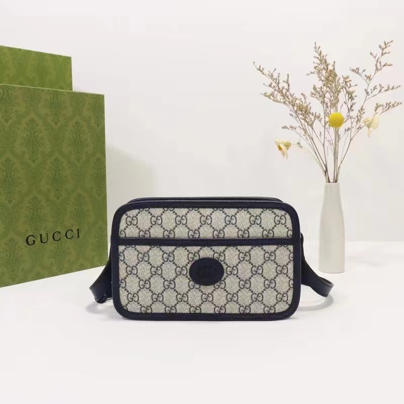 Gucci Unisex GG Shoulder Bag Beige Blue GG Supreme Canvas Leather