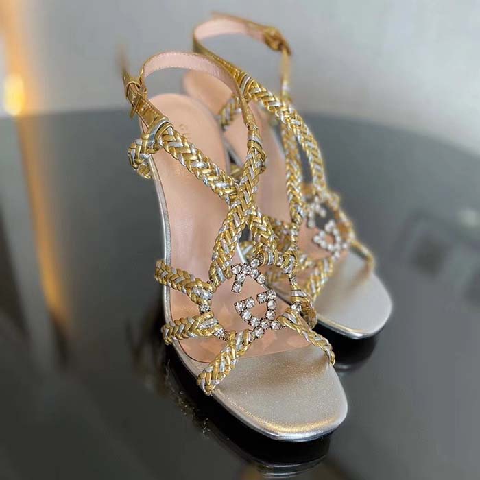 Gucci Women GG Nojum High Heel Sandal Metallic Platinum Silver Braided Leather 9 CM