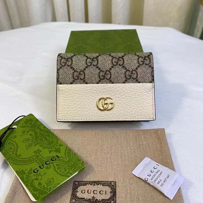 Gucci Unisex GG Marmont Card Case Wallet Double G Beige Ebony GG Supreme Canvas
