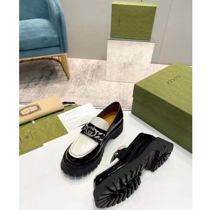 Gucci Unisex GG Loafer Interlocking G Black Off White Leather Rubber Lug Mid 4.3 CM Heel