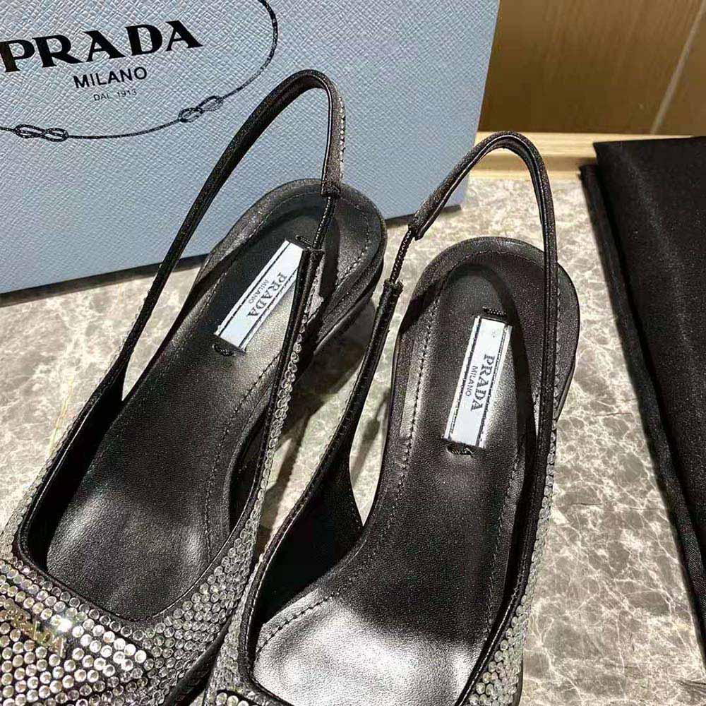 Prada Women Satin Sling-Back Pumps with Crystals-Black