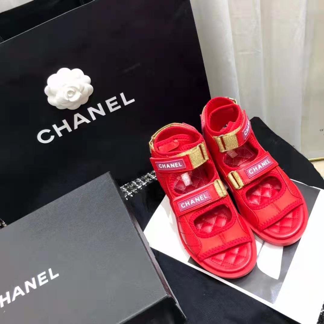 Chanel Women Sandals Goatskin Goatskin Fabric & TPU Red Dark Red & Light Pink