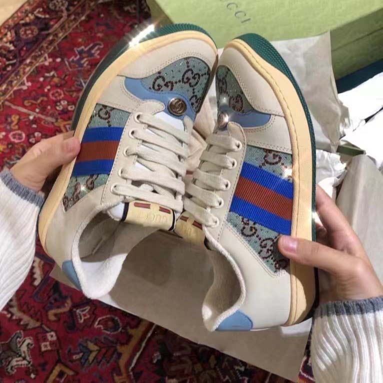 Gucci Unisex Screener Sneaker Crystals Brown Blue GG Canvas 3.6 cm Heel