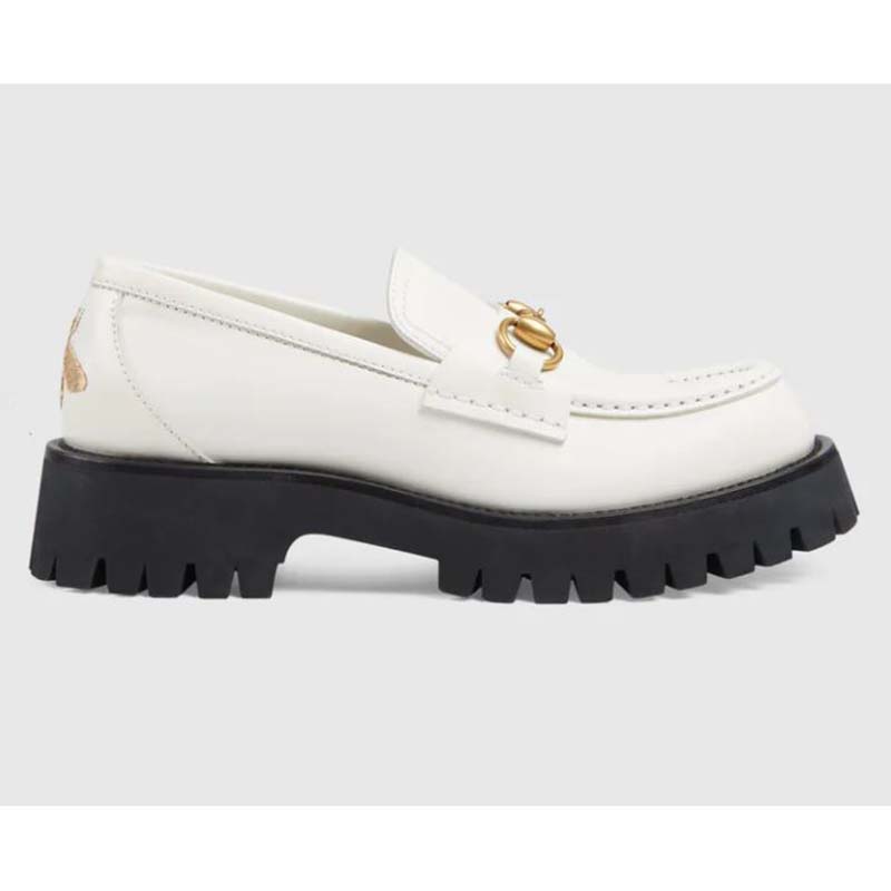 Gucci GG Women Lug Sole Horsebit Loafer White Shiny Leather 3 cm Heel