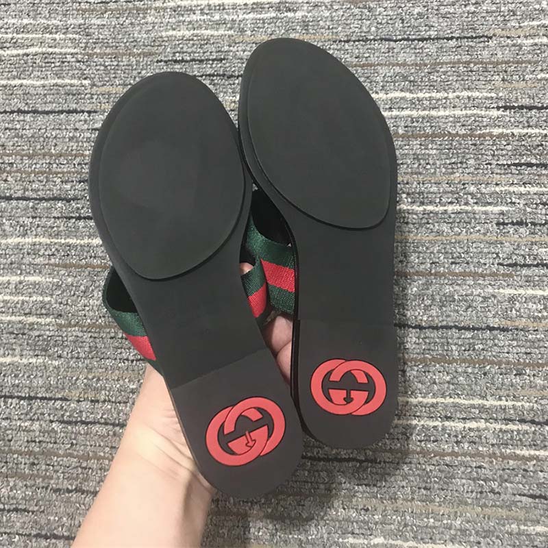 Gucci Unisex GG Thong Web Sandal Interlocking G Leather Sole Square Toe Flat