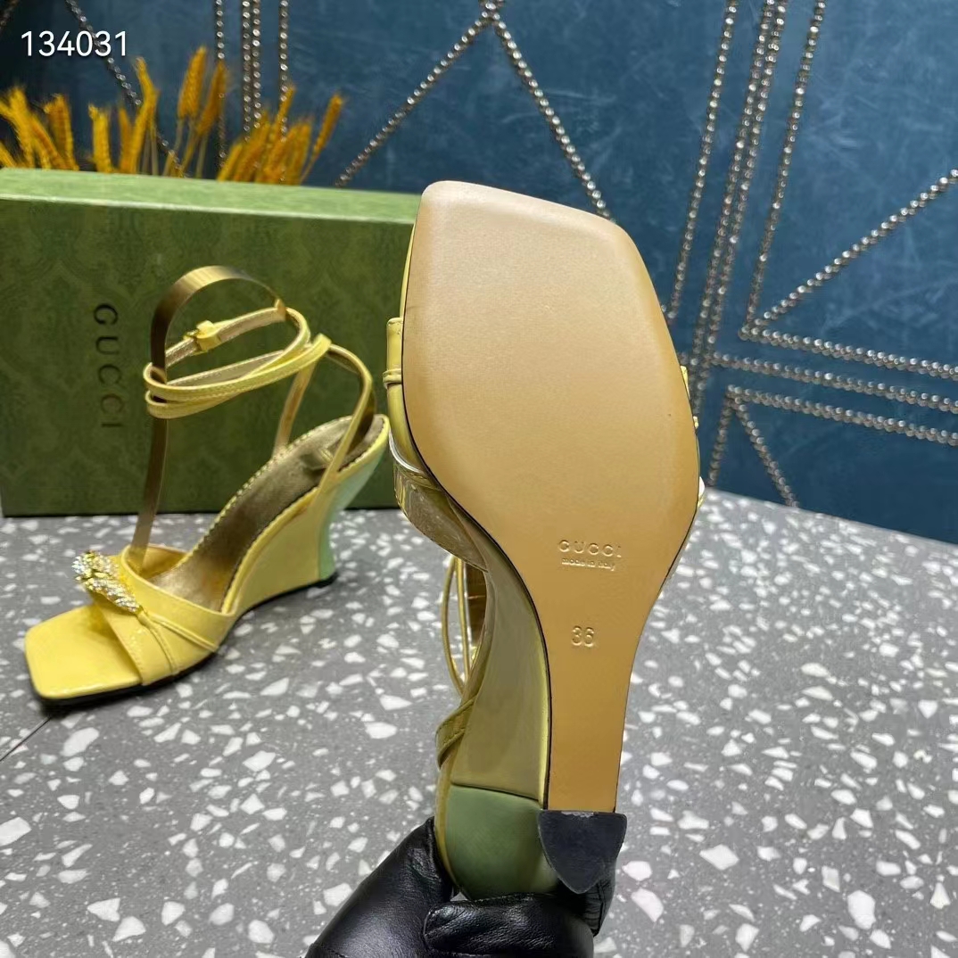 Gucci Women GG High-Heel Sandal Hardware Yellow Patent Leather Square Toe Geometric-Shaped Heel