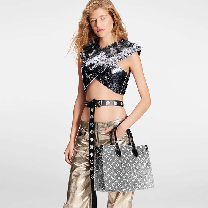 Louis Vuitton LV Women OnTheGo MM Tote Gray Denim Textile Jacquard