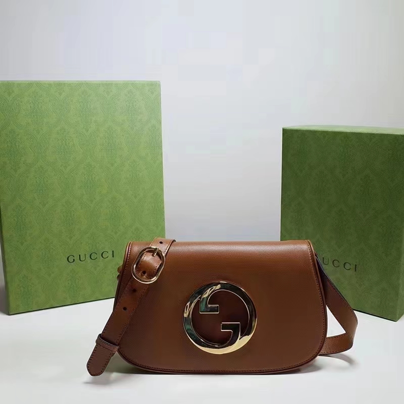 Gucci Women GG Blondie Shoulder Bag Brown Leather Round Interlocking G