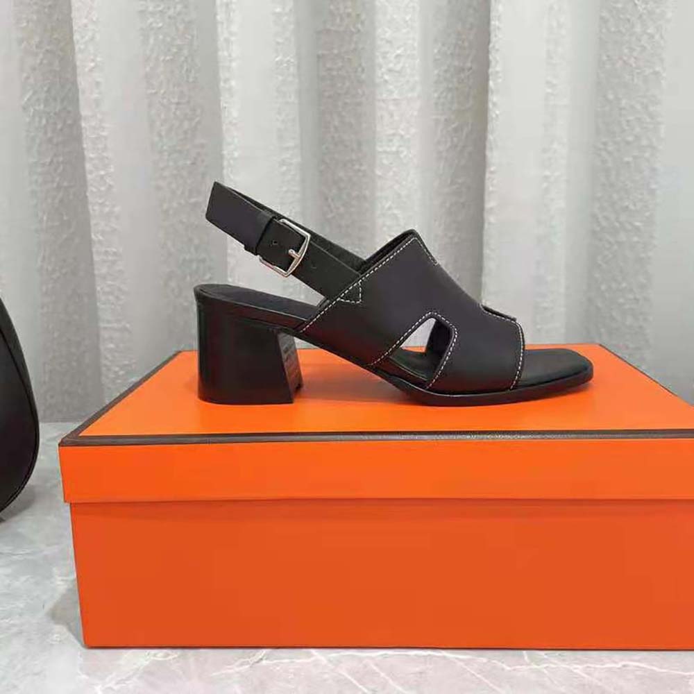 Hermes Women Elbe 60 Sandal in Calfskin Leather-Black