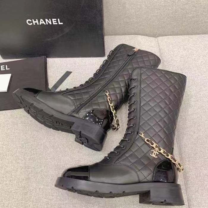 Chanel Women CC Lace-Ups Boots Lambskin & Grained Calfskin Black 4 Cm Heel