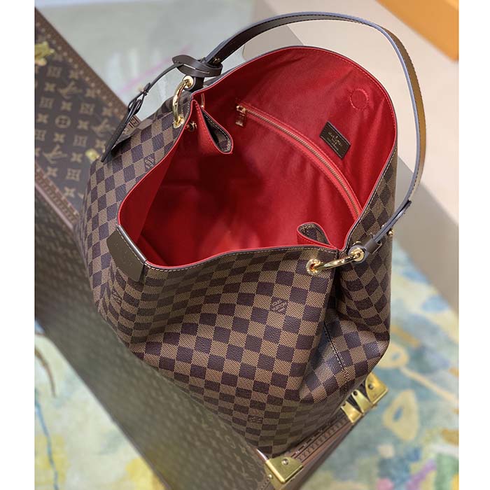 Louis Vuitton LV Unisex Graceful MM Hobo Damier Ebene Coated Canvas Cowhide Leather