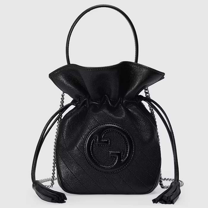 Gucci Women GG Blondie Mini Bucket Bag Black Leather Round Interlocking G