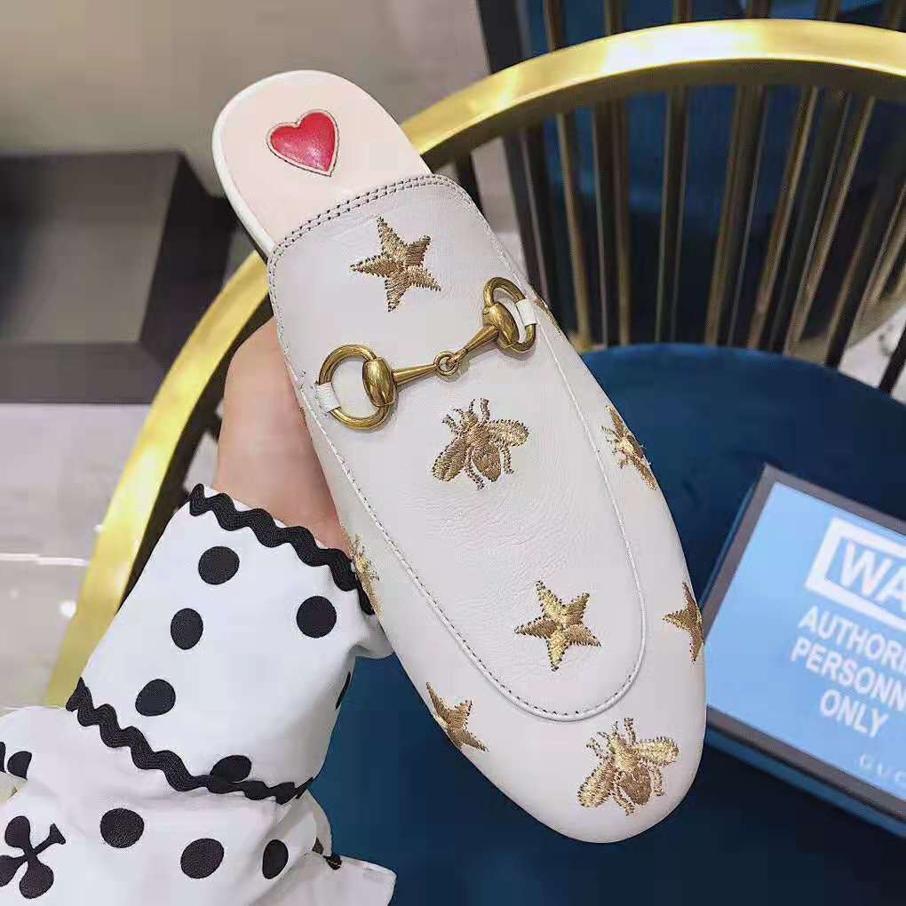 Gucci Women Princetown Embroidered Leather Slipper 1.27cm Heel-White