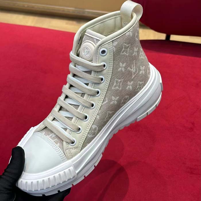 Louis Vuitton Women LV Squad Sneaker Boot Beige Monogram Denim Circle Double Laces