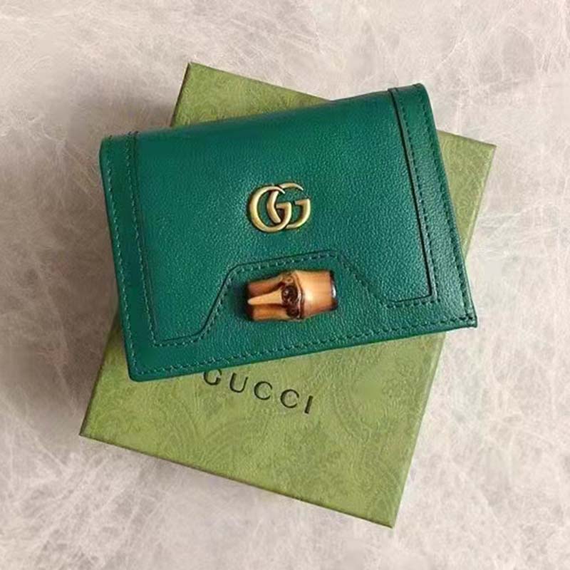 Gucci Women Gucci Diana Card Case Wallet Double GG Green Leather