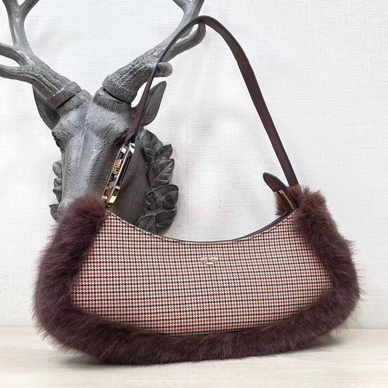 Fendi Women FF O’Lock Swing Brown Houndstooth Wool Fox Fur Pouch
