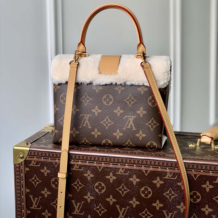 Louis Vuitton LV Women Locky BB Handbag Beige Brown Monogram Coated Canvas Shearling