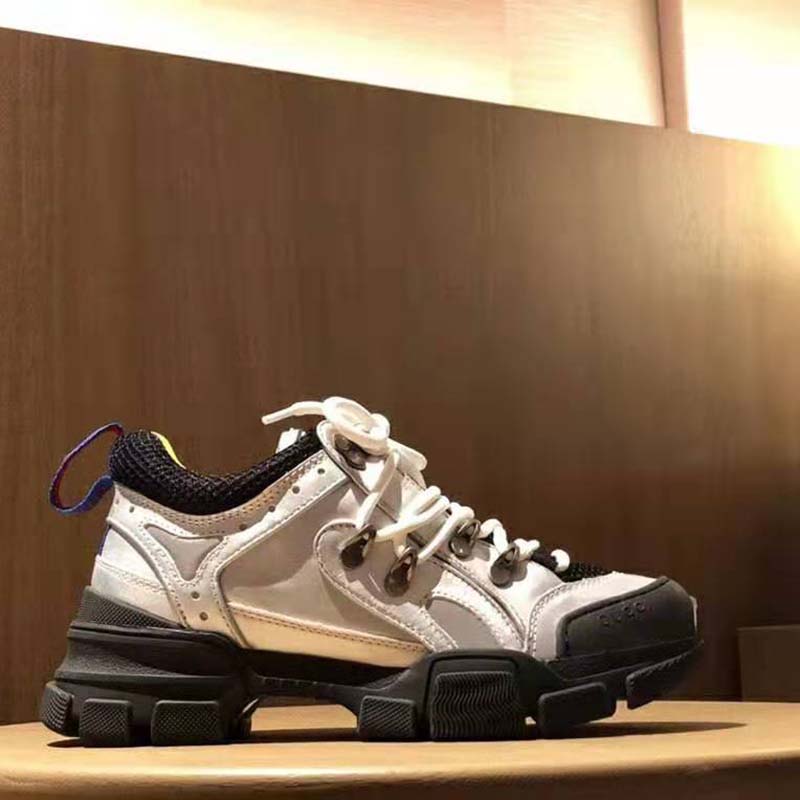 Gucci Unisex Flashtrek Sneaker with Crystals in Silver Metallic Leather 5.6 cm Heel