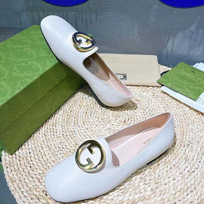 Gucci Women GG Blonde Ballet Flat White Round Interlocking G Leather