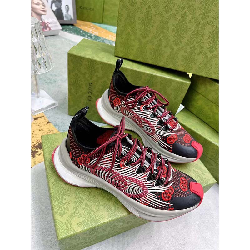 Gucci Unisex GG Run Sneaker Black Red Technical Knit Fabric Rubber Interlocking G