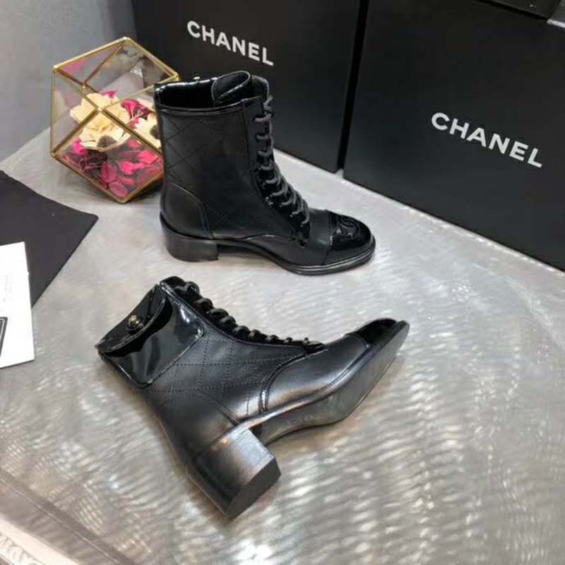 Chanel Women Patent Calfskin & Crumpled Calfskin Ankle Boots-Black