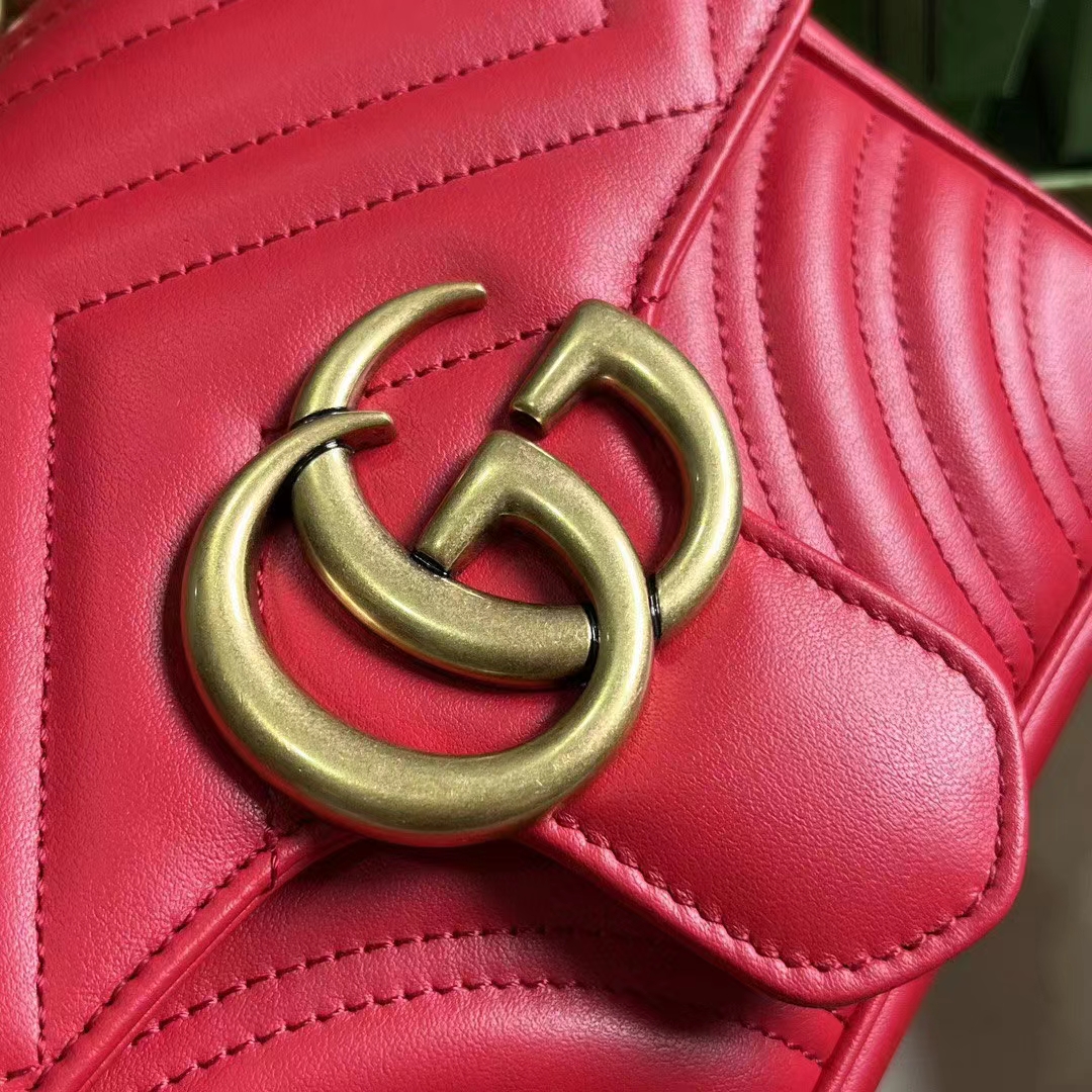 Gucci Women GG Marmont Matelassé Mini Shoulder Bag Red Matelassé Chevron Leather