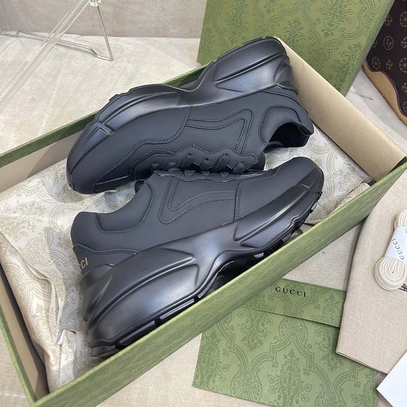 Gucci Unisex GG Rhyton Sneaker Black Leather Rubber Sole Low Heel