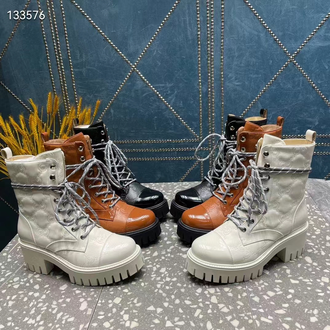 Gucci Women’s Matelassé Lace-Up Boot Off White GG Matelassé Leather Low-Heel