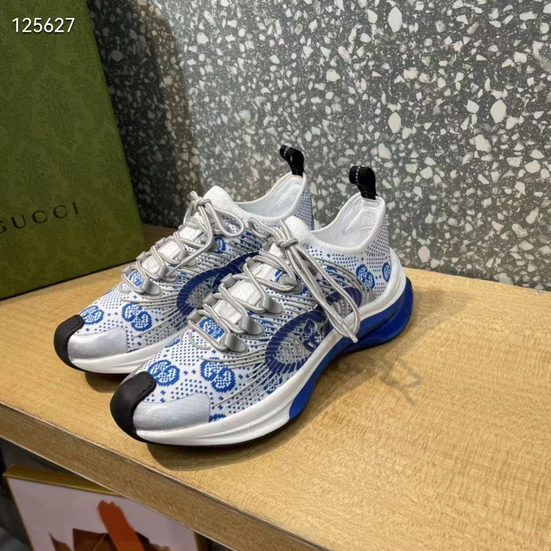 Gucci Unisex Run Sneaker White Blue GG Technical Knit Fabric Interlocking G Rubber