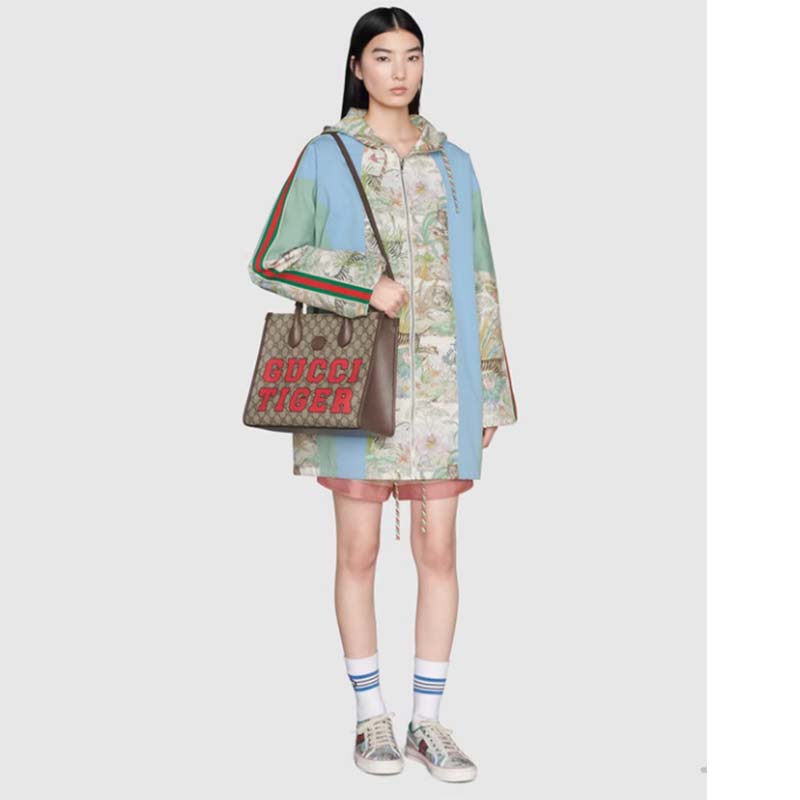 Gucci Unisex Tiger GG Small Tote Bag Beige Ebony GG Supreme Canvas